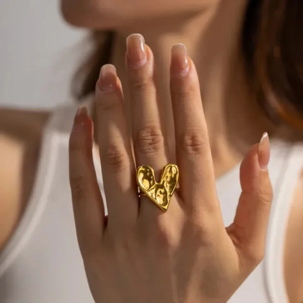 Adjustable Stainless Steel Open Rings, Modern Design with textured heart design. - Picture 1 of 8
